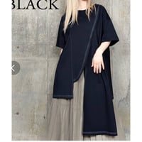 [モード] 綿白ステッチ前サイドロング変形デザインTシャツ　ブラック