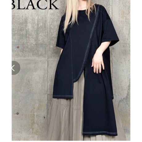 [モード] 綿白ステッチ前サイドロング変形デザインTシャツ　ブラック