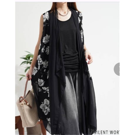 [新作]シフォンX花柄プリント切替デザインロングジレ.4995円、20%OFF