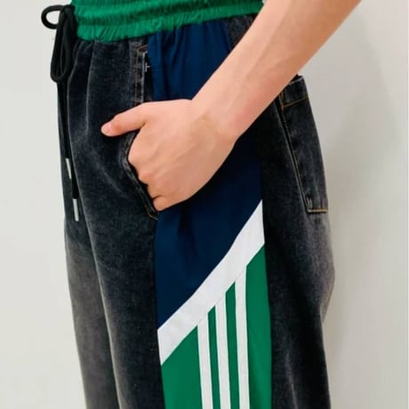 ウエストナイロン総ゴム配色切り替えパンツグリーン×紺
