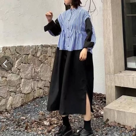 新作　ストライプX無地異素材配色切替シャツワンピース