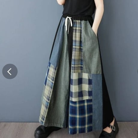 [再々入荷][ 個性派に]デニムxチェクパッチワークデザインワイドパンツ