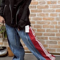 ウエストサイドナイロン配色切り替えパンツ赤×紺