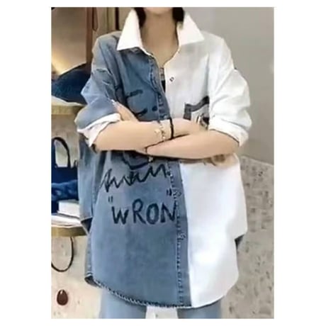 [再入荷]デニム切替配色ビッグサイズシャツ