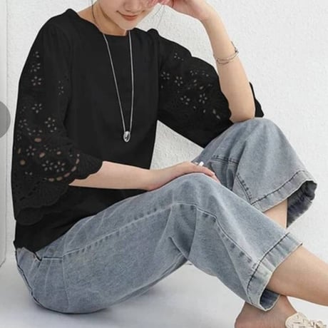 [新作]スカラップ刺繍スリーブコットブラウス