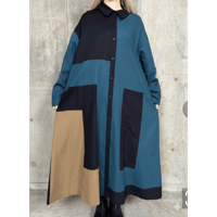 モード　3色カラー配色ロングシャツワンピース