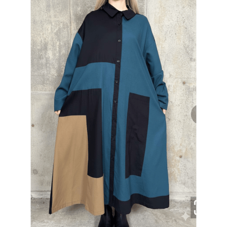 モード　3色カラー配色ロングシャツワンピース