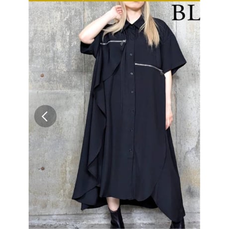 [モード]ファスナーデザイン裾重ねロングシャツワンピース