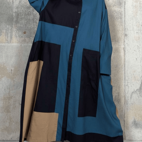 モード　3色カラー配色ロングシャツワンピース