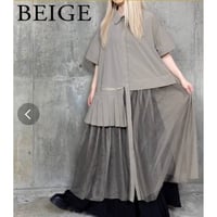 [モード]前開きナイロン裾チュールウエストファスナープリーツロングシャツ、ブラック再入荷