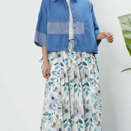 [新作][再入荷]デニム×ストライプ　裾ドロストデザインショートシャツ(サックス)、4995円、20%OFF.