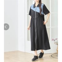 [新作]デニム異素材切替配色前ファスナーワンピース ブラック 8500円 30%オフ 5950円
