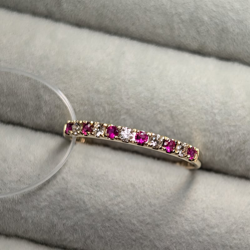 K18 ルビー 0.12ct ダイヤモンド 0.10ct ハーフエタニティ リング 13号