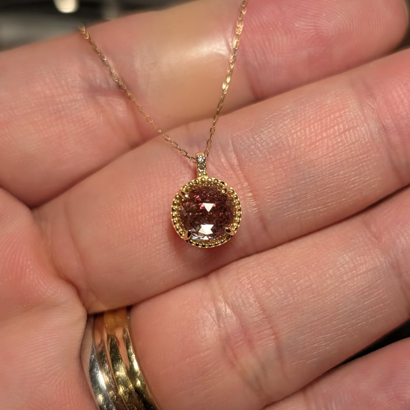 K18ピンクトルマリン×ローズカットクォーツ×ダイヤモンド0.01ct ミル