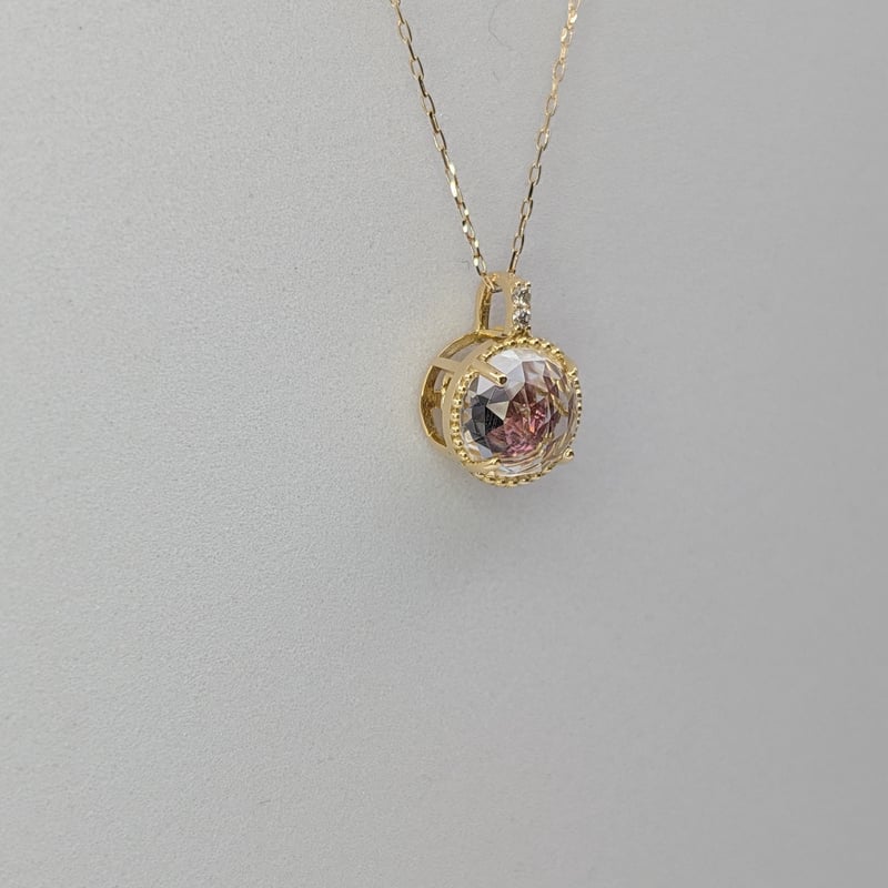 K18ピンクトルマリン×ローズカットクォーツ×ダイヤモンド0.01ct ミル
