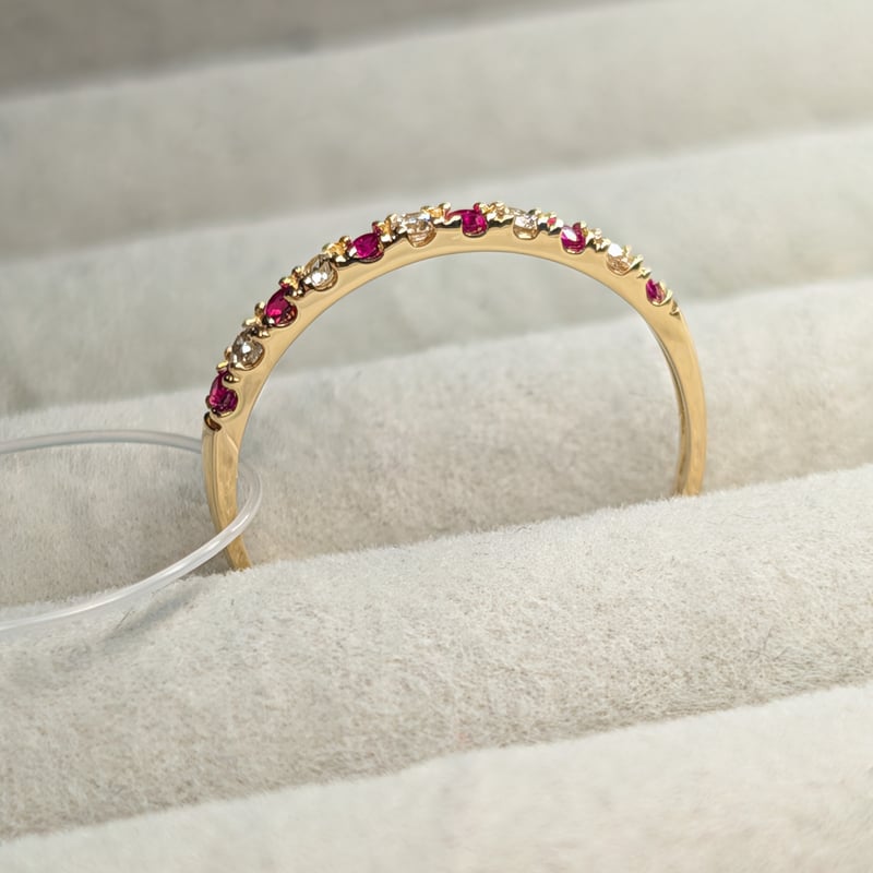 K18 ルビー 0.12ct ダイヤモンド 0.10ct ハーフエタニティ リング 13号