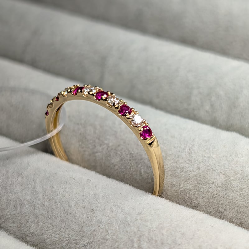 K18 ルビー 0.12ct ダイヤモンド 0.10ct ハーフエタニティ リング 13号
