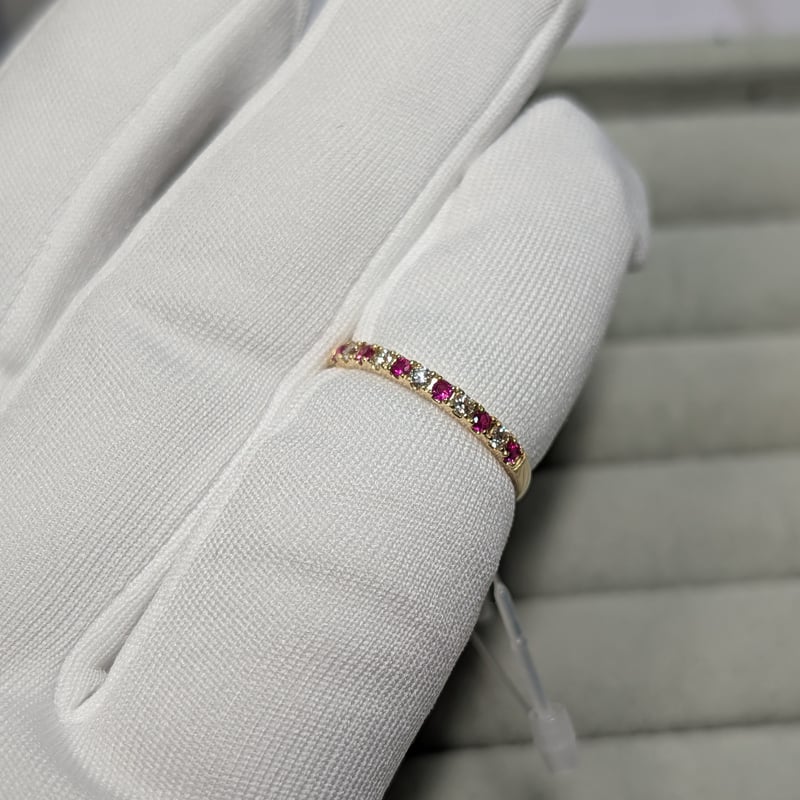K18 ルビー 0.12ct ダイヤモンド 0.10ct ハーフエタニティ リング 13号
