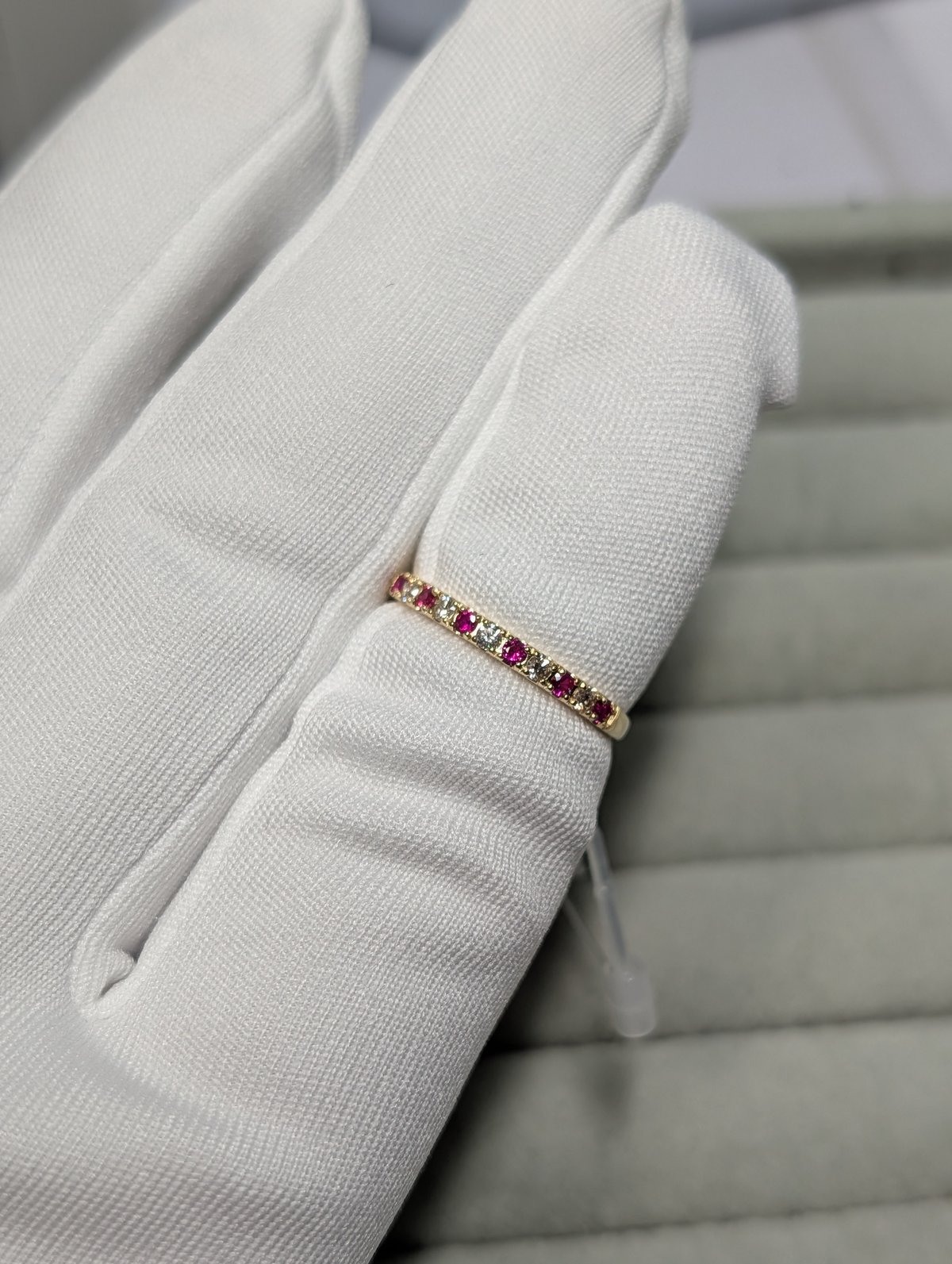 K18 ルビー 0.12ct ダイヤモンド 0.10ct ハーフエタニティ リング 13号