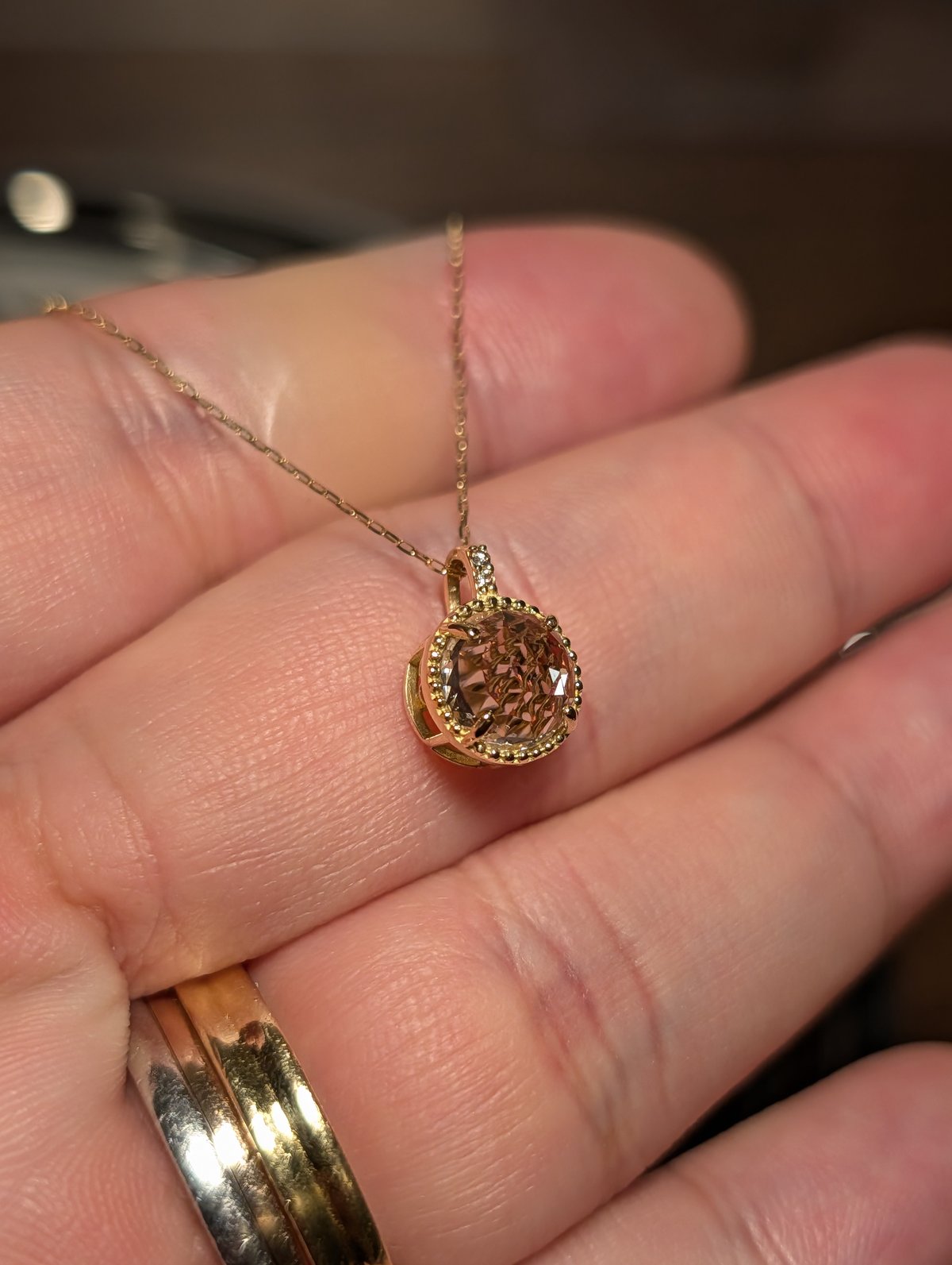K18ピンクトルマリン×ローズカットクォーツ×ダイヤモンド0.01ct ミル 
