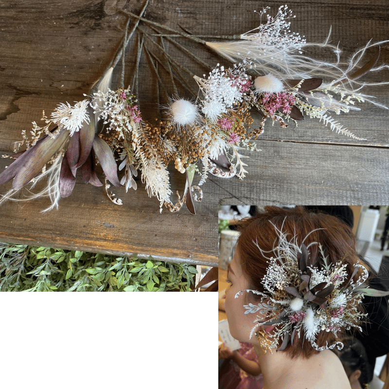 結婚式 手作りブーケ 値下げOK ヘア飾り オーダーメイド》ウエディング3点セット（ブーケ・ブートニア・髪飾り