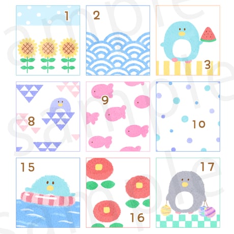 【PDFデータ】日付シート　31日タイプ　＜夏を満喫するペンギンたち＞