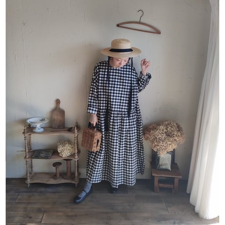 【Gingham check】modernist switching gather Onepiece コットンワンピース Aライン ギャザーワンピース ガーゼ gauze#
