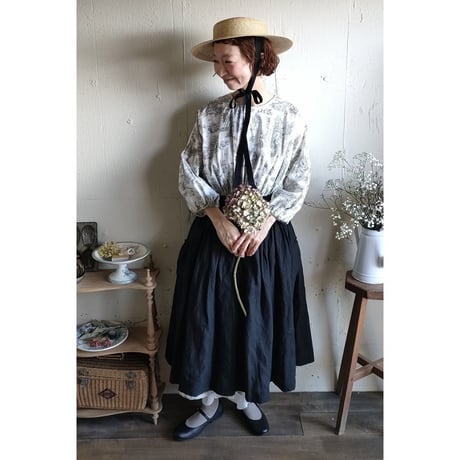 《送料無料》toile de jouy トワルドジュイ柄 ギャザーワンピース French cotton gather one piece
