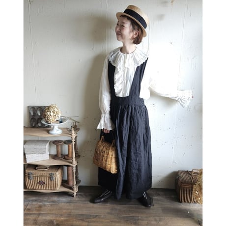【即納】《ANTIQUE Black》Curios linen suspender skirt gauze# サスペンダースカート