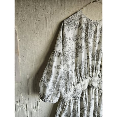 《送料無料》toile de jouy トワルドジュイ柄 ギャザーワンピース French cotton gather one piece