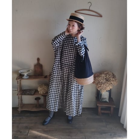 【Gingham check】modernist switching gather Onepiece コットンワンピース Aライン ギャザーワンピース ガーゼ gauze#