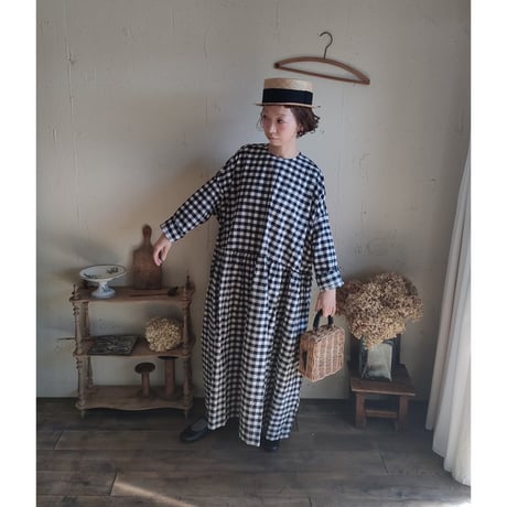 【Gingham check】modernist switching gather Onepiece コットンワンピース Aライン ギャザーワンピース ガーゼ gauze#