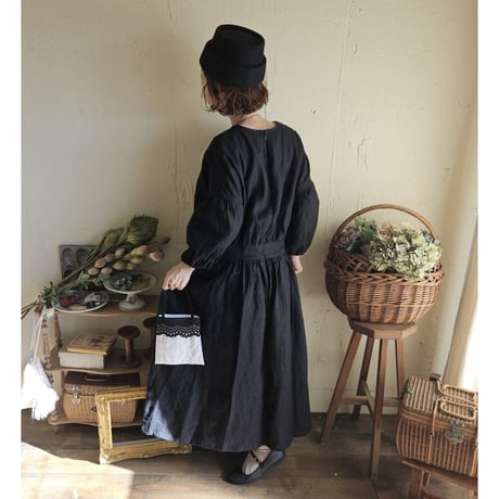 【Dark Black】フレンチリネンギャザーワンピース リネンワンピース ナチュラルワンピース フレンチリネン