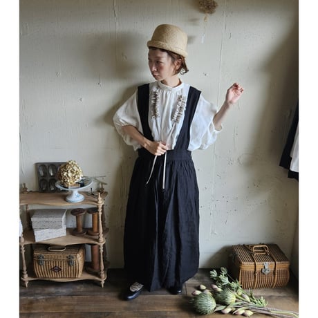 【即納】《ANTIQUE Black》Curios linen suspender skirt gauze# サスペンダースカート
