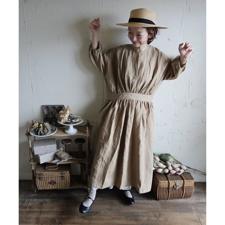 《即納》【kurumi brown】クルミブラウン コレクトレイクリネンギャザーワンピース リネンワンピース Linen gather onepiece