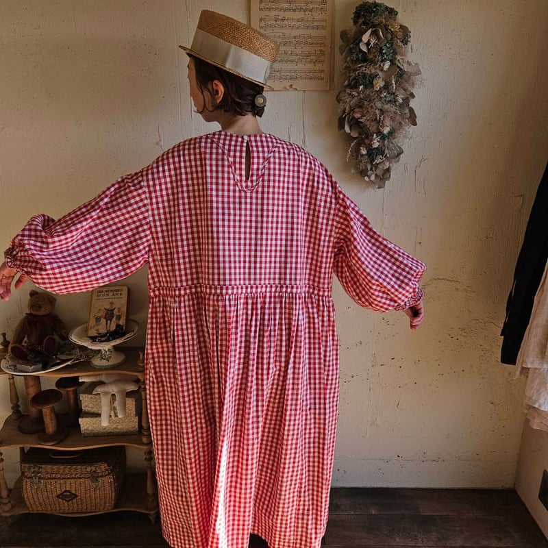 即納】ギンガムエミリーワンピース 《赤×白》 gingham emily one-piece