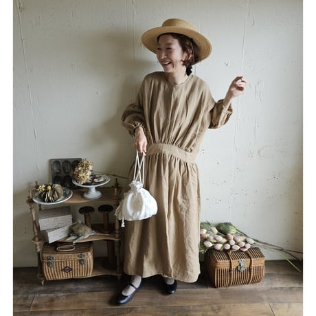 《即納》【kurumi brown】クルミブラウン コレクトレイクリネンギャザーワンピース リネンワンピース Linen gather onepiece