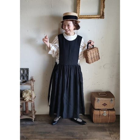 【Dark Black 】フレンチリネンサイドリボンエプロンワンピース フレンチリネンワンピース FrenchLinen Apron onepiece