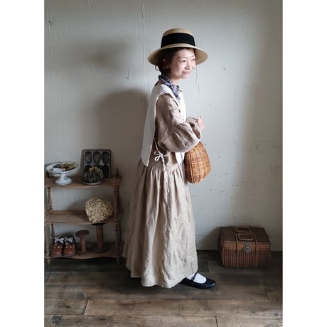 【Ecru White】くるみボタンのコットンリネン 2wayジレベスト COTTON LINEN 2way Gilet 前後着ベスト リネンベスト ジレ