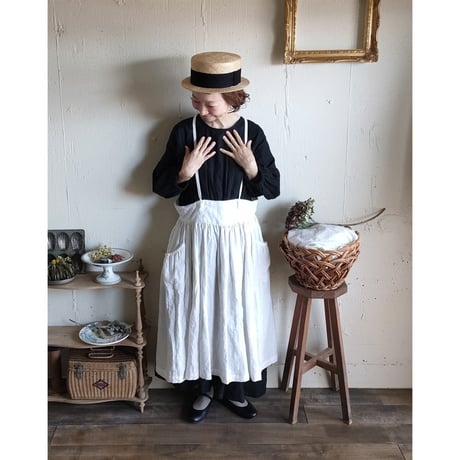 【即納】Ecru White 2way サスペンダーギャザータブリエ French Linen Gather tablier フレンチリネンタブリエ タブリエエプロン アンティークタブリエ
