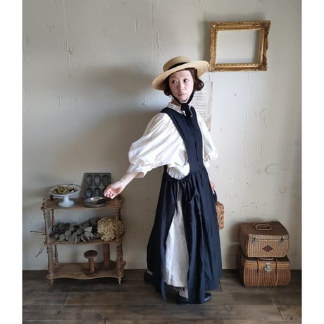 【Dark Black 】フレンチリネンサイドリボンエプロンワンピース フレンチリネンワンピース FrenchLinen Apron onepiece