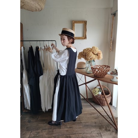 【Dark Black 】フレンチリネンサイドリボンエプロンワンピース フレンチリネンワンピース FrenchLinen Apron onepiece