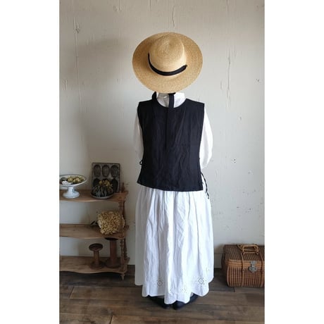 【Noir black】くるみボタンのコットンリネン 2wayジレベスト COTTON LINEN 2way Gilet 前後着ベスト リネンベスト ジレ