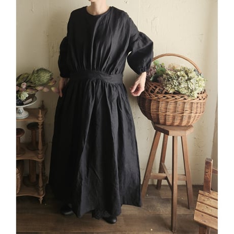 【Dark Black】フレンチリネンギャザーワンピース リネンワンピース ナチュラルワンピース フレンチリネン