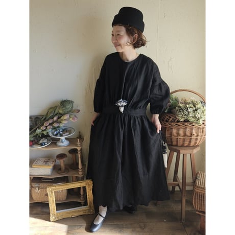 【Dark Black】フレンチリネンギャザーワンピース リネンワンピース ナチュラルワンピース フレンチリネン