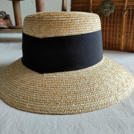 送料無料◆Natural Straw Hat Black Ribbon ナチュラル麦わら帽子 カンカン帽 ストローハット