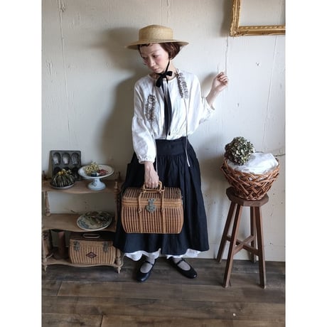 【Dark Black】2way サスペンダーギャザータブリエ French Linen Gather tablier
