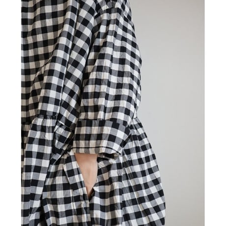 【Gingham check】modernist switching gather Onepiece コットンワンピース Aライン ギャザーワンピース ガーゼ gauze#