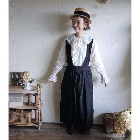 【即納】《ANTIQUE Black》Curios linen suspender skirt gauze# サスペンダースカート