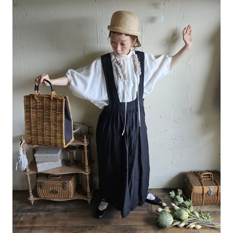 【即納】《ANTIQUE Black》Curios linen suspender skirt gauze# サスペンダースカート